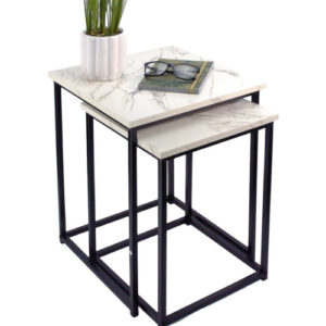Set Of 2 Coffee Table Marble Effect Top Nest Of Tables With Black Metal Frame